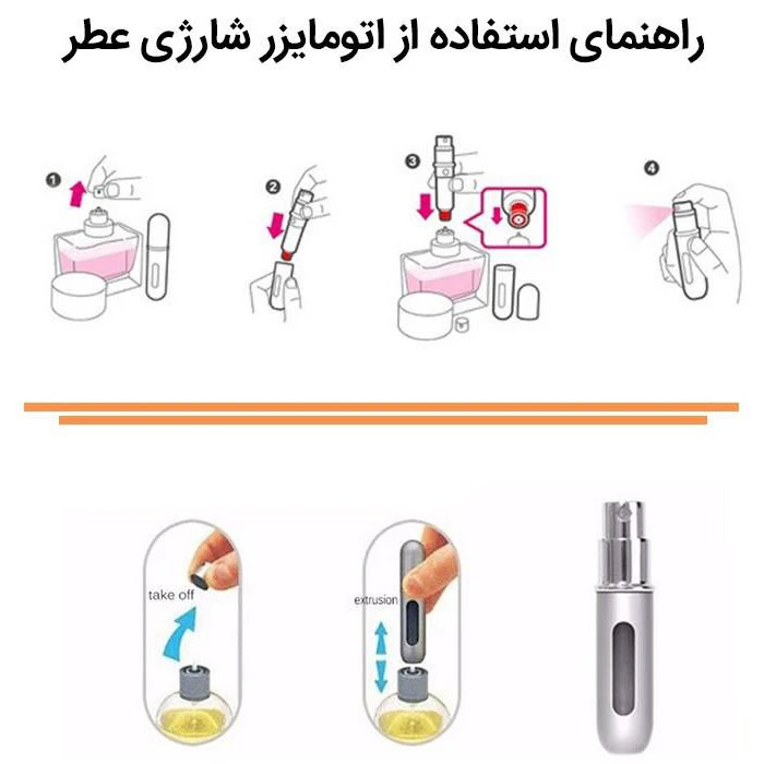 محفظه نگهدارنده عطر اتومایزر مدل DR حجم 5 میلیلیتر مناسب برای خانمها و آقایان، قابل پر شدن مجدد، طراحی تلمبهای، مناسب استفاده جیبی و سفر